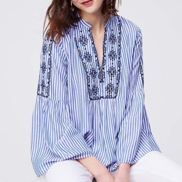 Loft Blue and White Pinstripe Flounce Sleeve Blouse - Picture 1 of 7